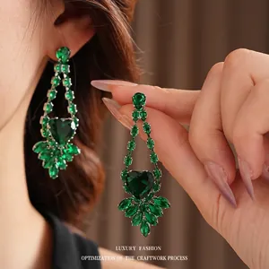 Emerald heart zircon wheat spike earrings and necklace set with luxury tassels