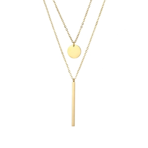 Minimalist double layer gold stainless steel necklace with round and bar pendants