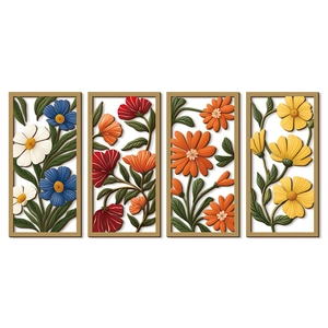 Set of 4 Nordic abstract floral wood wall art pieces with 3D hollow carved texture