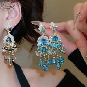 Orecchini Lunghi Nappine Lega Cristallo Perla Artificial Sintetica Perno Argento Sterling 925 Gioielli Donna Vintage