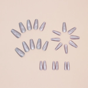 Cat eye coffin press-on nails set with purple shimmer and silver light effect, 24 pieces