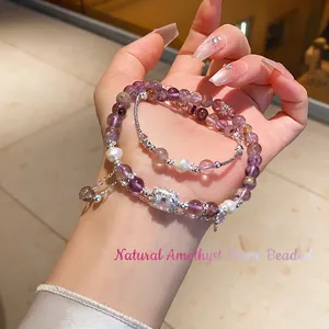 Double-layer natural amethyst and zircon beaded bracelet with pearls for women
