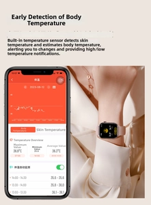 Detailed view of ET570 smartwatch tracking body temperature via mobile app interface