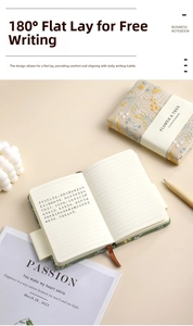 Macro detail of A6 linen notebook with floral embroidery and 180-degree flat opening