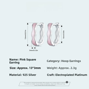 Macro view of pink wave pattern S925 sterling silver square earrings with dimensions