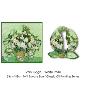Carré de soie imprimé peinture Van Gogh Roses Blanches 53cm accessoire de mode chic
