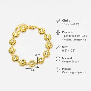 Detailed size chart for 18k gold plated flower bracelet with zircon and measurements