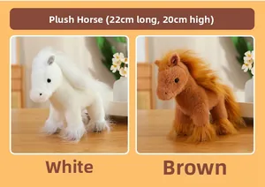 Detail showing 22cm plush horse doll dimensions in white and brown colors on wooden table
