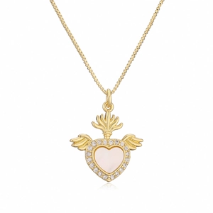Elegant 18K gold plated winged heart necklace with white shell and zircon pendant