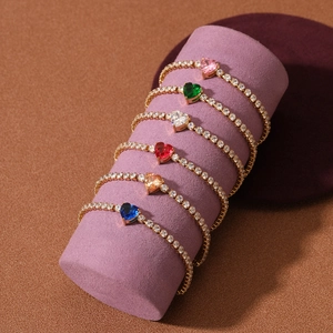Luxurious 18K gold heart-shaped zircon tennis bracelets in six vibrant crystal colors