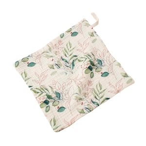 Soft muslin cotton baby face towel with green leaf prints and a hanging loop