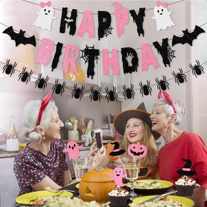 Pink and black glitter Halloween happy birthday banner with ghost and spider party decor