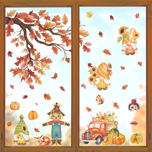 Stickers de fenêtre d'automne avec gnomes citrouilles et épouvantail sur vitre en verre