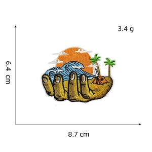 Detailed view showing dimensions 8.7x6.4cm of embroidered ocean island camping patch