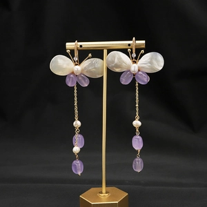 Butterfly Tassel Earrings With Natural Freshwater Pearl Mother Of Pearl Purple Stone Earring Post