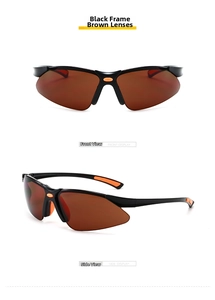 Close-up of black frame cycling sunglasses with brown lenses and orange anti-slip pads
