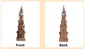Front and back detail of a light-up wooden Christmas church cabin with natural wood texture
