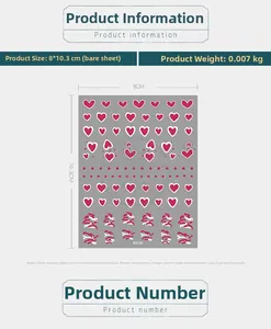 Detailed sheet of heart pattern nail stickers with red hearts and wave dots, size 8x10.3cm