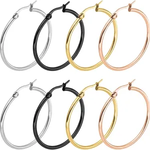 Classic stainless steel hoop earrings set in gold, silver, black, and rose gold finishes