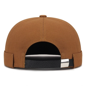 Brown docker hat back view with black leather strap and silver metal buckle adjustment