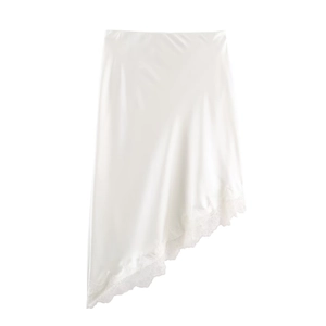 Asymmetrical ivory satin skirt featuring elegant lace trim and a flowy irregular hemline