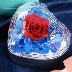 Heart-shaped preserved red rose jewelry gift box with faceted acrylic lid and base
