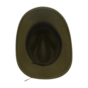 Internal view of olive green wide brim wool felt hat showing lining and sweatband