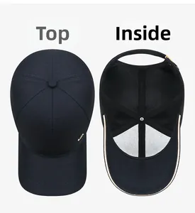 Detail view of navy cotton twill baseball cap showing inner sweatband and metal buckle