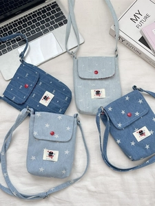 Denim Umhängetasche Handy Tasche Baumwolle Mini Stern Bogen Drucke Verstellbarer Riemen Cartoon Patch Lässiges Accessoire