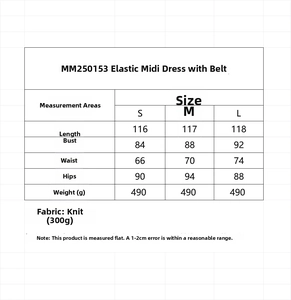 Detailed size chart for midi dress showing length, bust, waist, and hip measurements