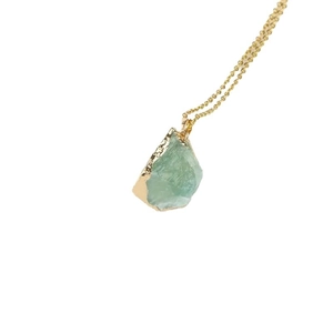 Light green natural irregular crystal stone necklace with gold-plated edge and gold chain