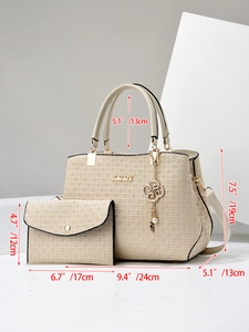 Detail showing cream woven texture handbag with metal logo and specific size measurements