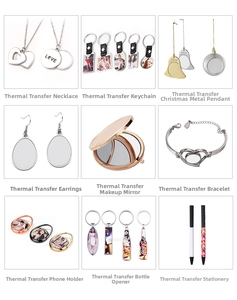 Detailed view of DIY sublimation blanks grid including metal keychains and ornaments