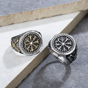 Nordic Viking compass titanium steel ring for men in silver and gold-tone finish