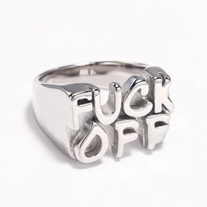 Retro distressed stainless steel ring for men featuring a bold 3D FUCK OFF letter design
