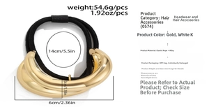 Detail view of double-layer curved metal hair tie with weight and size specifications