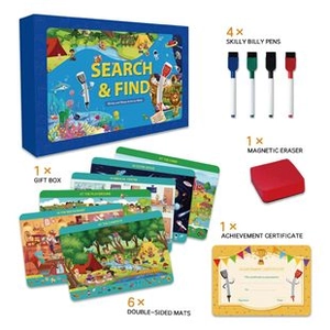 Educational Search and Find game set with mats, markers, eraser, and achievement certificate