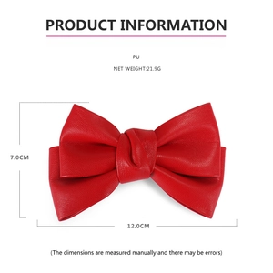 Detailed product size chart of a red PU leather bow hair clip with dimensions and weight