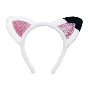 Detail of plush cat ear headband with pink sequins and black contrast trim detail