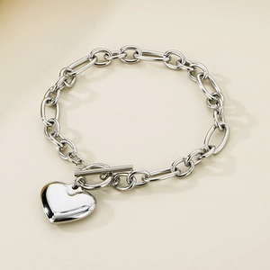 Polished silver heart pendant bracelet with OT toggle clasp and chunky titanium steel links
