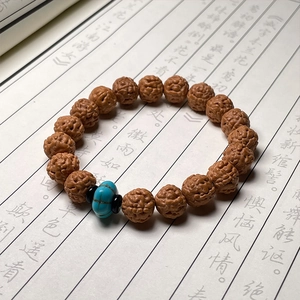 Macro view of brown rudraksha seeds with turquoise bead on calligraphy background