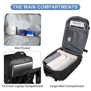 Detail showing dry-wet separation pocket and 15.6 inch laptop compartment in black backpack