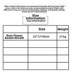 Size chart for rose flower basket wreath measuring 25x12x40cm and weighing 315g