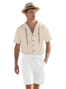 Detail view of men's beige linen hooded shirt and white casual shorts with textile texture
