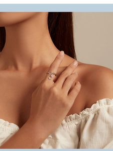 Close-up of s925 silver butterfly tassel ring with sparkling zircon charms on model