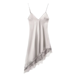 Elegant silver satin slip dress for women with V-neck and delicate lace patchwork detail