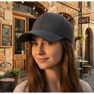 Detail of dark grey sport cap showing breathable laser-cut holes and mountain embroidery