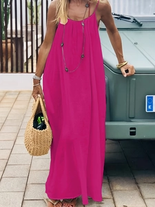 Detail of rose red loose spaghetti strap maxi dress with bohemian style and beads
