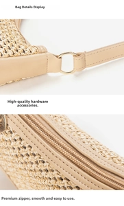 Detailed macro view of high-quality golden hardware and zipper on woven beige shoulder bag