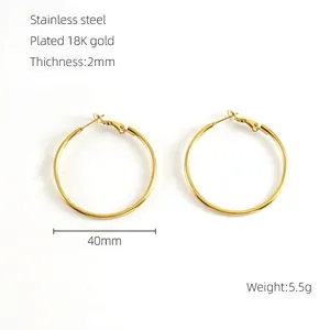 Detail showing 40mm diameter 18K gold plated stainless steel hoop earrings with 2mm thickness